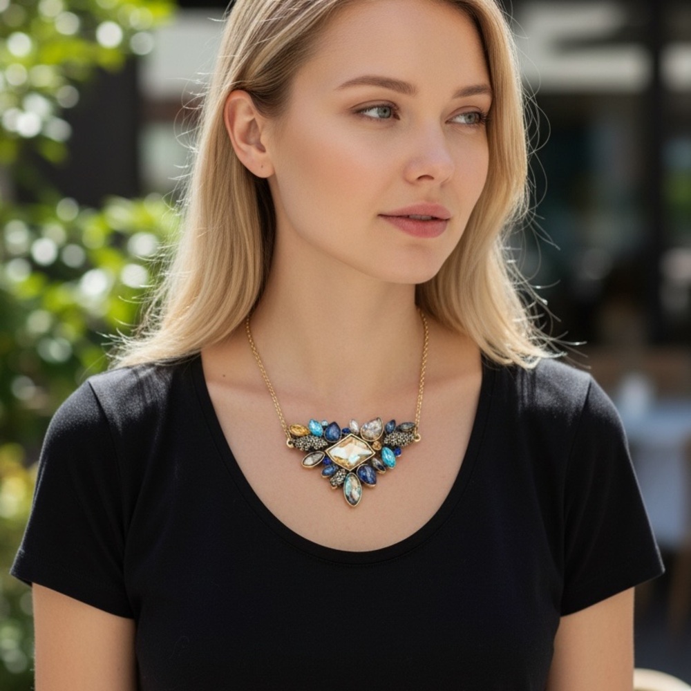 Blue and Gold Pendant Necklace with Gemstones